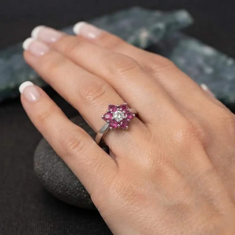 Floral Ruby Cluster Ring in Rose Gold, Flower Design Engagement Ring, Minimalist Ruby Flower Ring, Lotus Ring, Anniversary Gift For Her