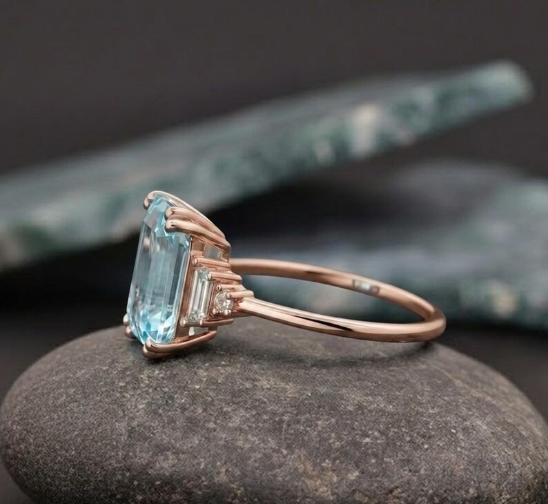 Emerald Cut Aquamarine Ring, Minimalist Aquamarine Engagement Ring, Blue Gemstone Promise Ring, 14k Solid Gold Ring, Birthday Gift For Her