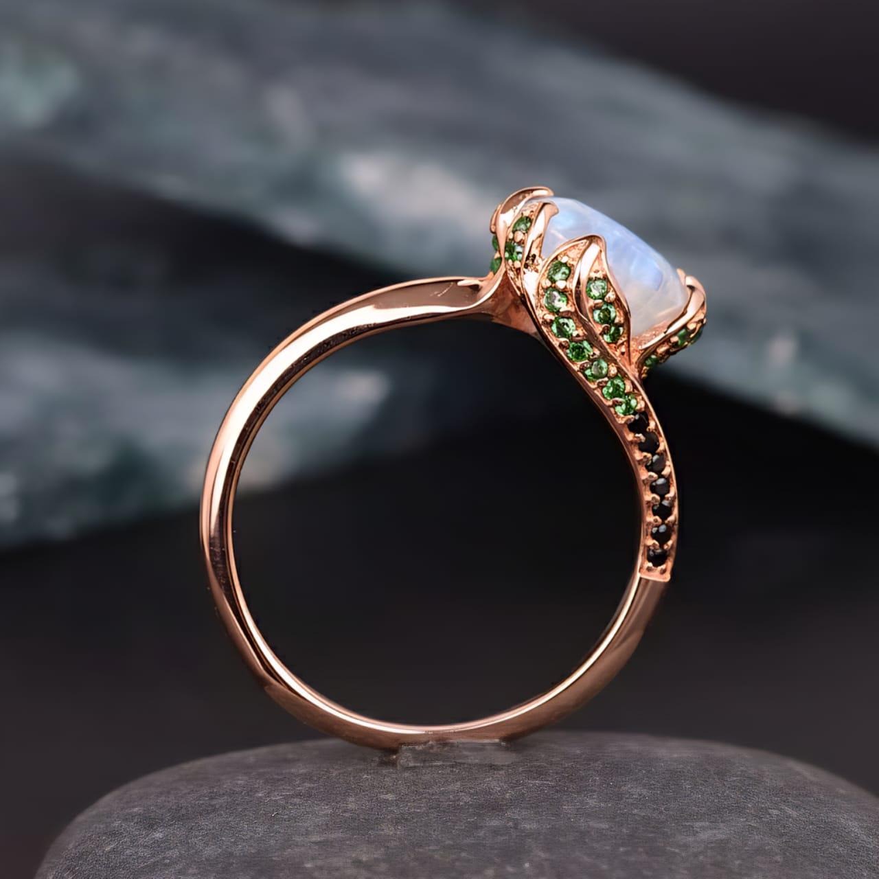 Natural Moonstone Ring, Round Cut Moonstone Engagement Ring with Green And Black Gemstone Accents, Unique Gold Ring, Nature Inspired Ring