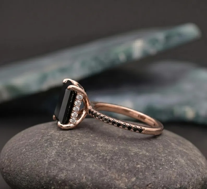 Art Deco Emerald Shaped Black Onyx Engagement Ring, 925 Silver Black Gemstone Wedding Ring Unique Black Onyx Bridal Anniversary Promise Ring