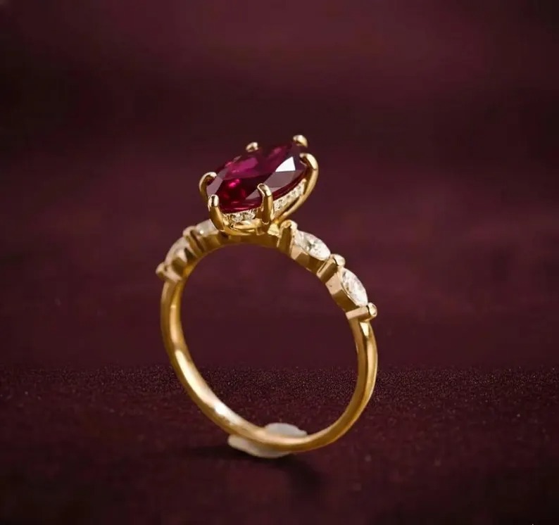Ruby Ring, Marquise Cut Ruby Engagement Ring, Hidden Halo Weeding Ring With Marquise Side CZ Accent Ring, Anniversary & Bridal Gift For Her