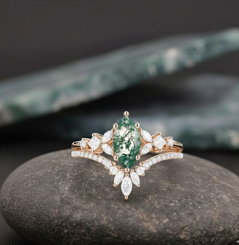 Marquise Cut Moss Agate Engagement Ring Set, Vintage Cluster Curved Moissanite Wedding Ring, Nature Inspired Anniversary Ring Set For Women