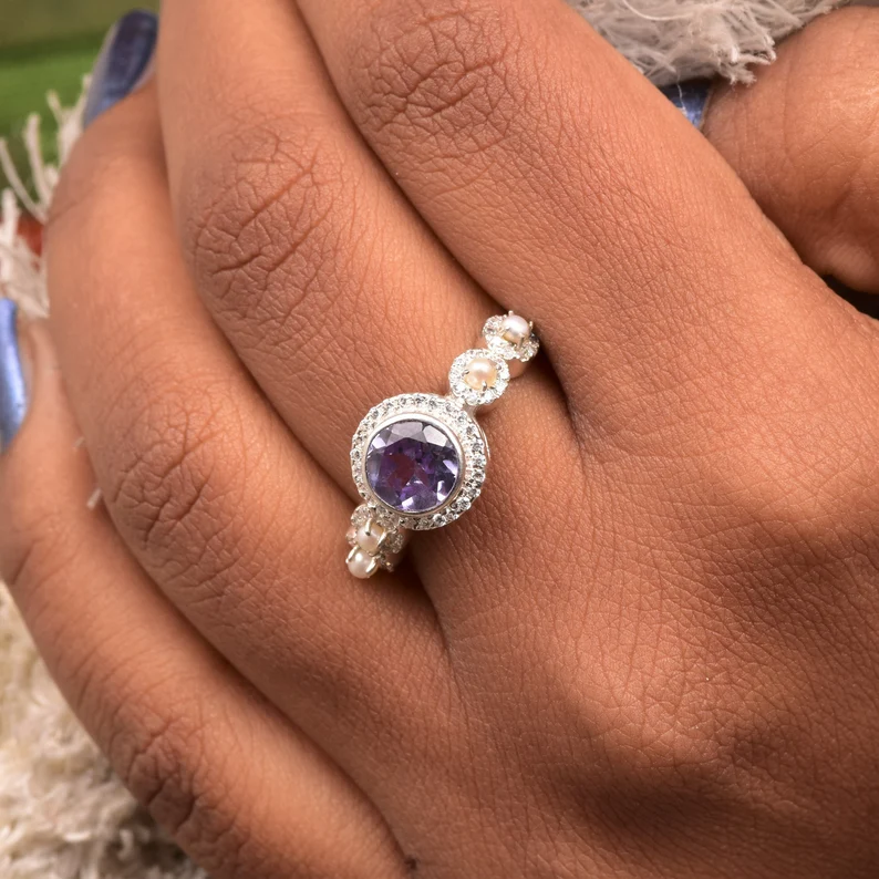 Vintage unique oval Alexandrite engagement ring 14k rose gold Akoya Pearl ring halo moissanite ring 8 prong bridal wedding ring for women