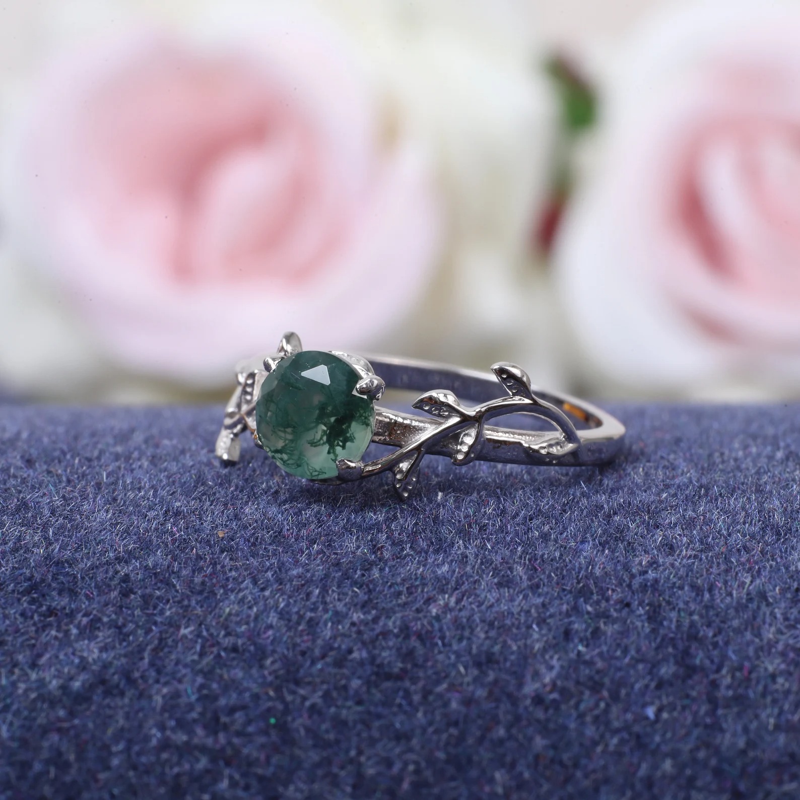 Vintage moss agate engagement ring Art deco leaf promise ring Nature inspired solid 14K 18K white gold cluster ring Unique Anniversary gifts