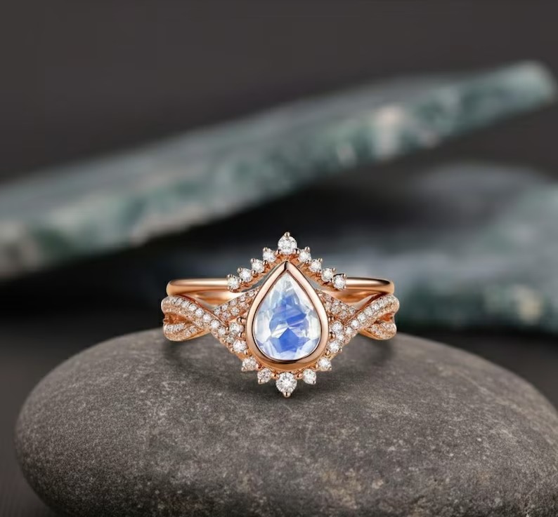 Natural Pear Cut Moonstone Engagement Ring Set, Vintage Infinity Moissanite Cluster Wedding Bridal Set, 14K Bezel Setting Rose Gold Ring Set