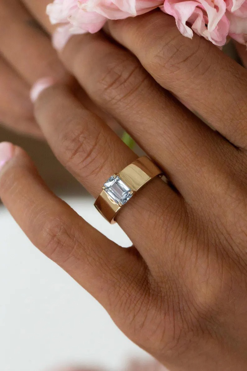 Emerald Cut Aquamarine Ring, Vintage 14k Solid Gold Anniversary Ring, March Birthstone Gifts Women, Aquamarine Engagement Ring For Her