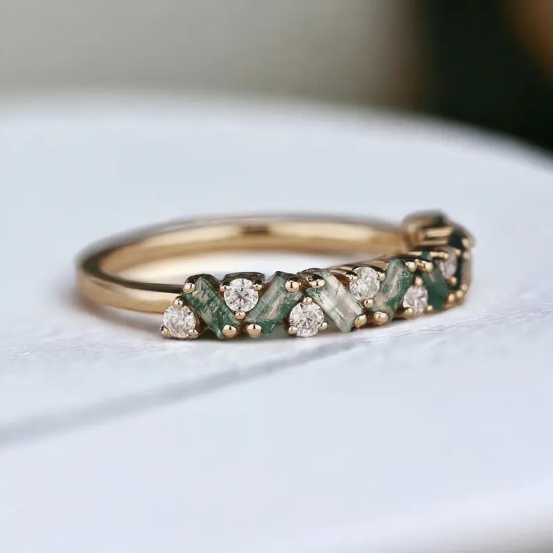 Moss Agate Cluster Wedding Band Bridal Moissanite Ring Promise Anniversary Matching Ring Unique Jewelry Half Eternity Band Gift For Love