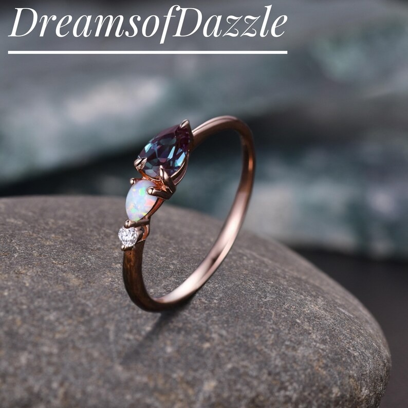 Vintage Alexandrite Opal Engagement Ring, Pear Cut Gems Art Deco Moissanite Wedding Band, Personalized Anniversary Gift Ring For Wife