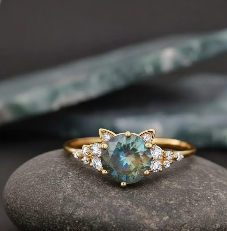 Unique Cat Ring Blue Gemstone Rose Gold Ring, Unique Cat Lover Gift, Round Labradorite Gemstone Wedding Ring, Cat Ear Promise Ring for Her