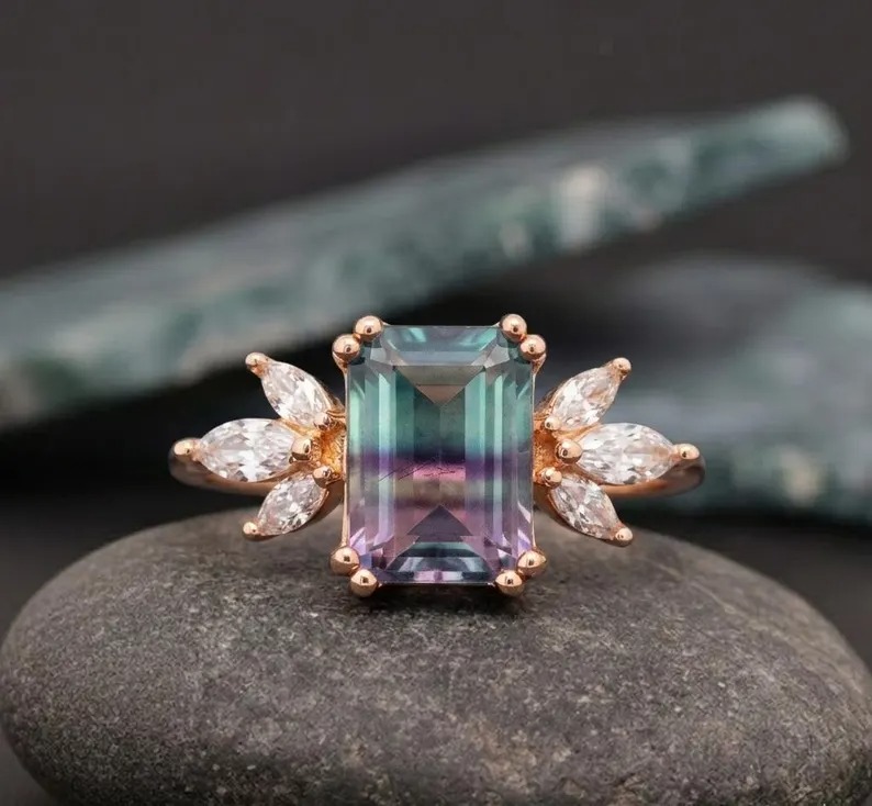 Watermelon Tourmaline Cluster Wedding Ring, 14k Yellow Gold Engagement Ring, Art Deco Ring Duel Color Gemstone Ring, Personalized Gift Ring