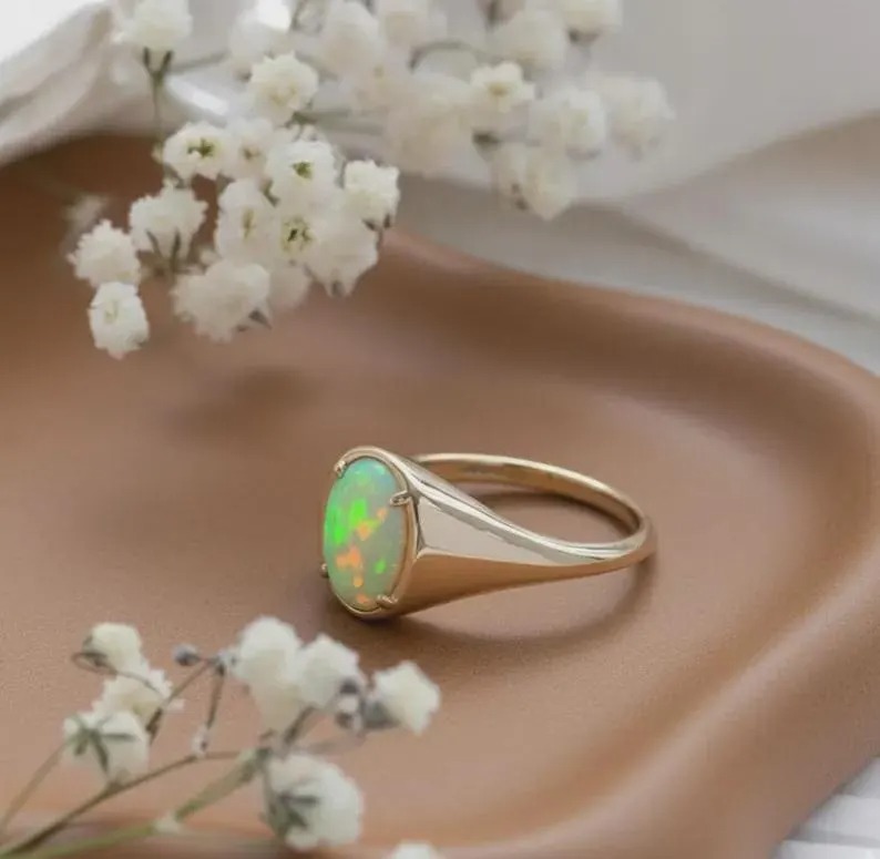 Natural Opal Ring 14k Solid Gold Ring, Oval Cut Opal Engagement Ring, October Birthstone Ring, Delicate Opal Ring, Gold Statement Jewelry
