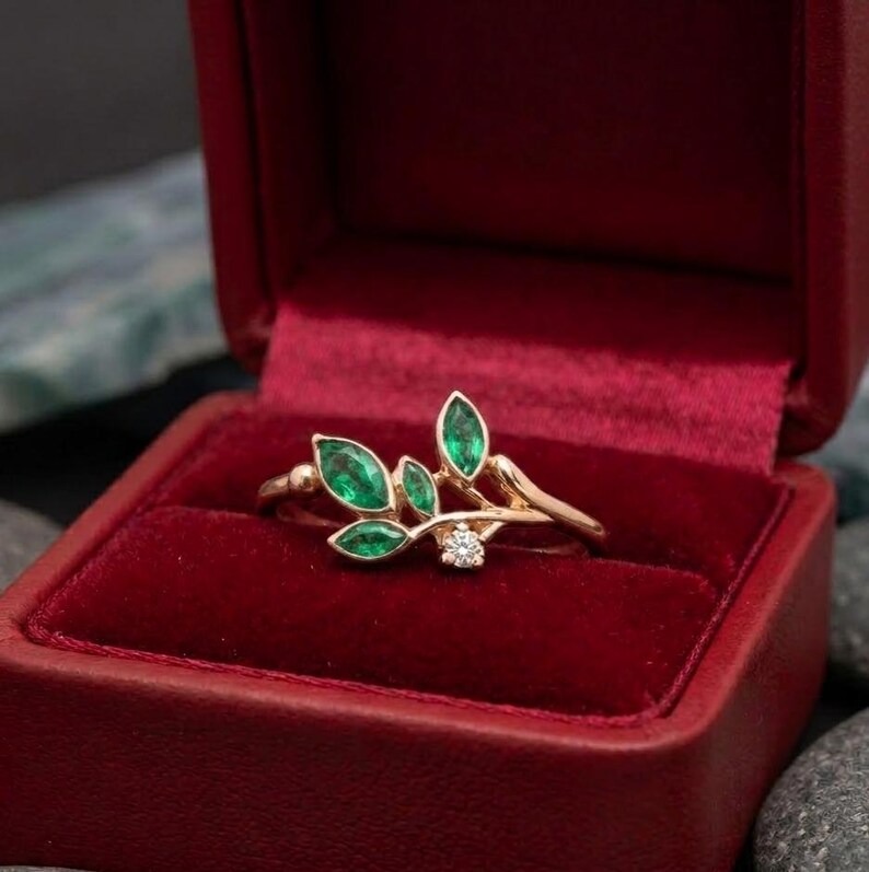 Floral Leaf Marquise Emerald Ring, Dainty Green Accent Engagement Ring, Promise Ring, Nature Inspired Ring For Her, Green Gemstone Leaf Ring