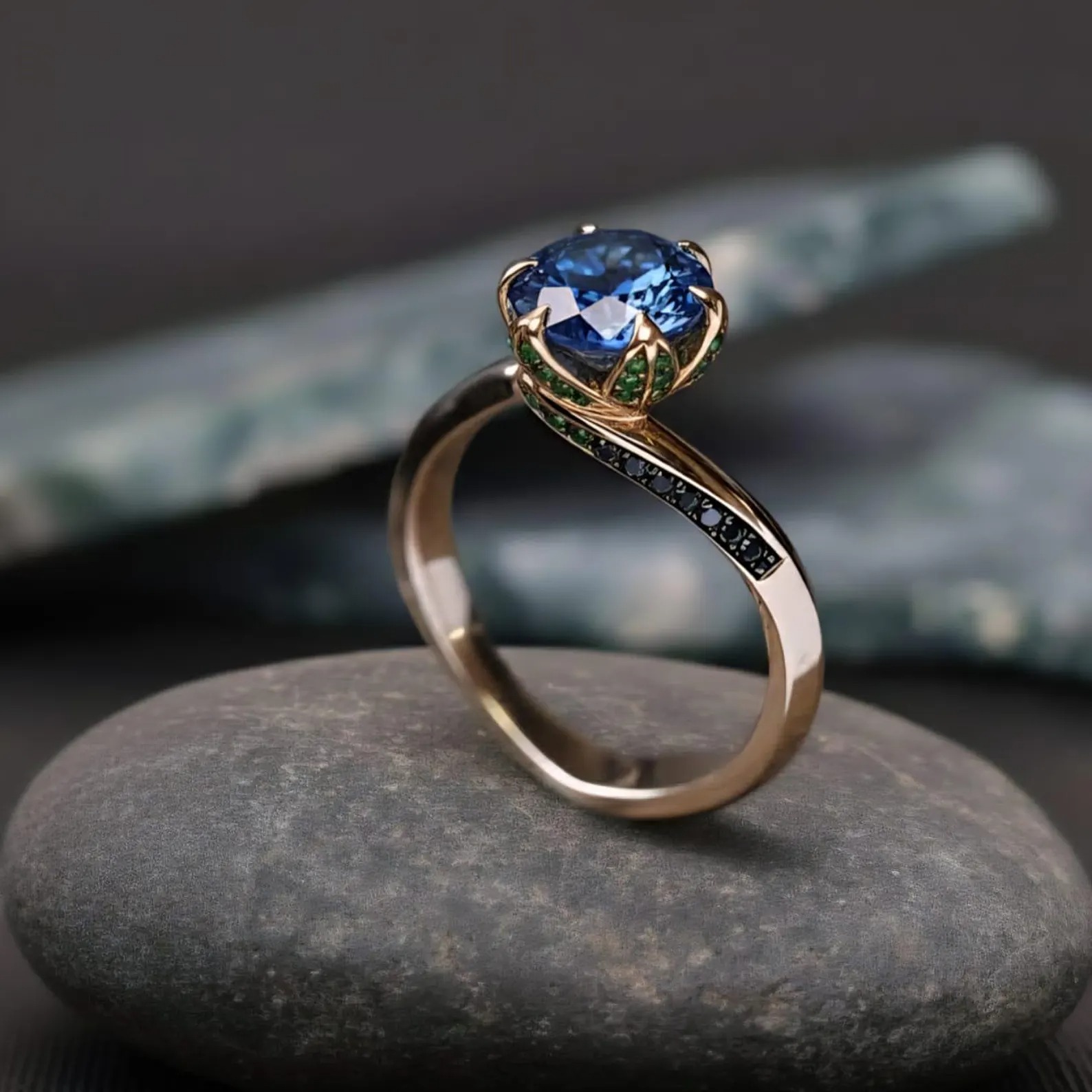 Blue Sapphire Engagement Ring, 14k Gold Round Cut Blue Gemstone Ring, Handmade Art Deco Green And Black Accents Ring, Anniversary Jewelry