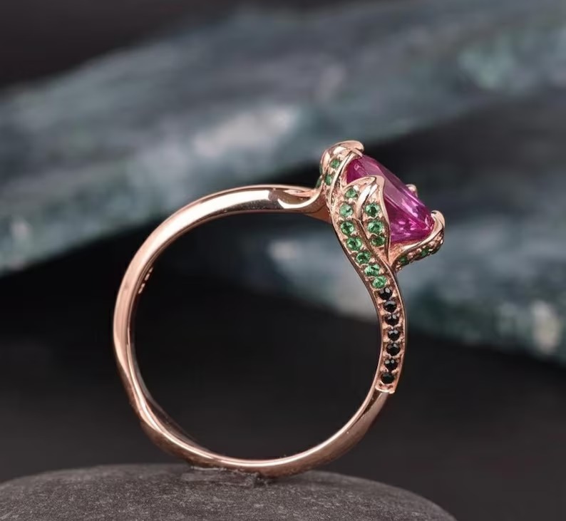 Round Cut Pink Sapphire Ring 18K Yellow Gold Bridal Ring, Delicate Art Deco Jewelry, Green And Black Gemstone Accents, Personalized Ring