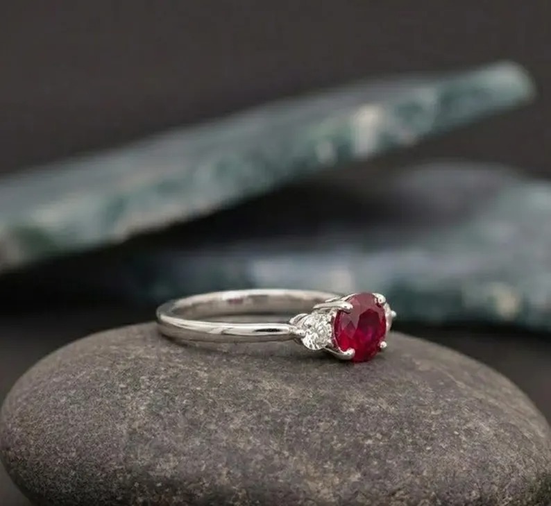 Ruby Engagement Ring For Women, Vintage Diamond Accents, Christmas Gift, Ruby Round Cut 14K Solid Gold Ring, Minimalist Birthstone Jewelry