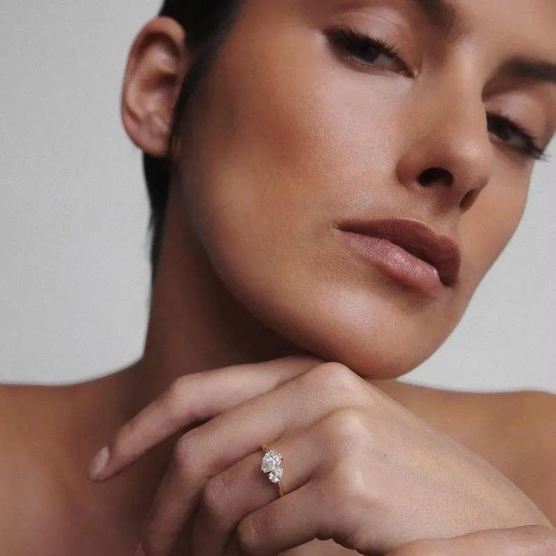 Toi Et Moi Moissanite Engagement Ring, Moissanite Pear Cut Baby & Mom Promise Ring, Double Stone Ring, 14K Solid Gold Anniversary Ring Gifts