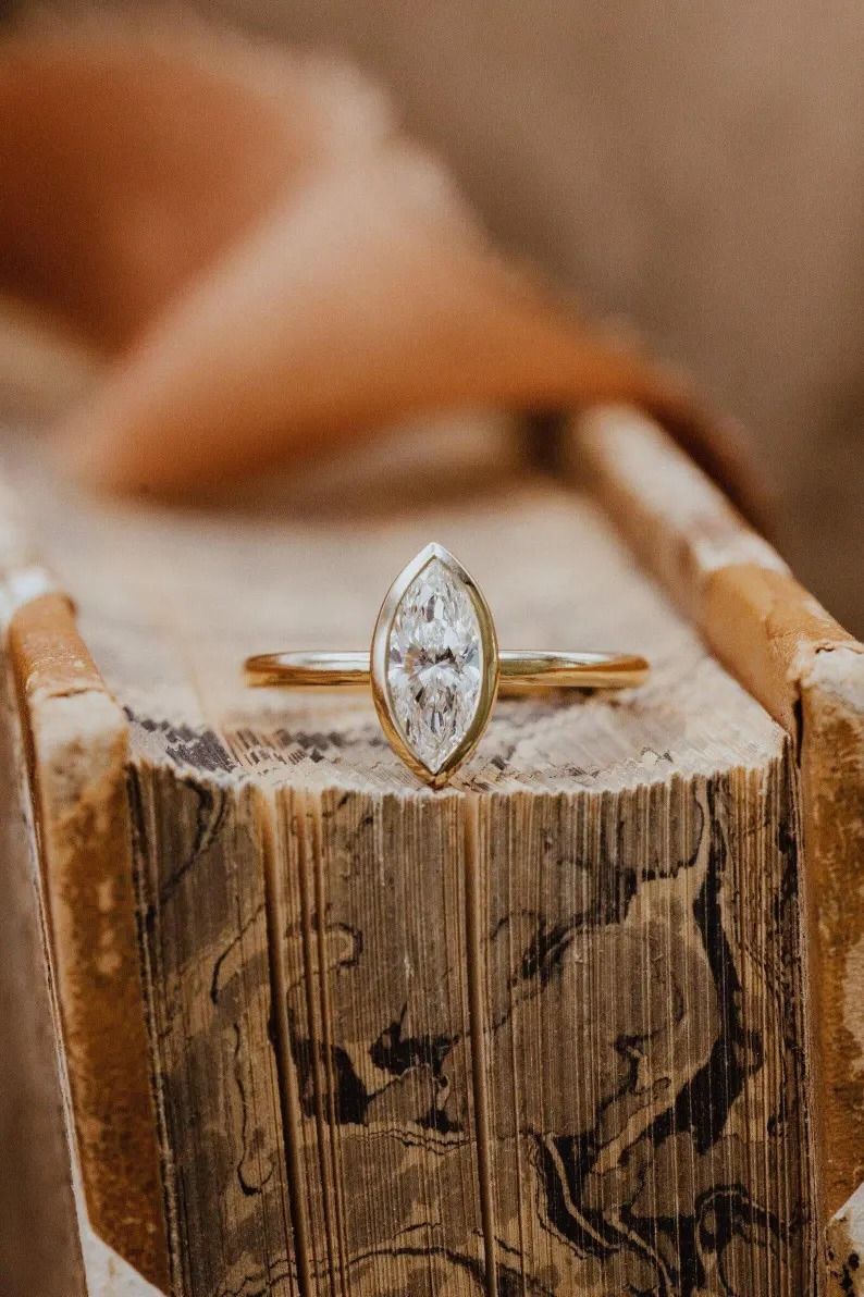 Marquise Cut Moissanite Engagement Ring, Diamond Wedding Ring, 14k Solid Gold Solitaire Bezel Set Anniversary Gift, Single Stone Bridal Gift