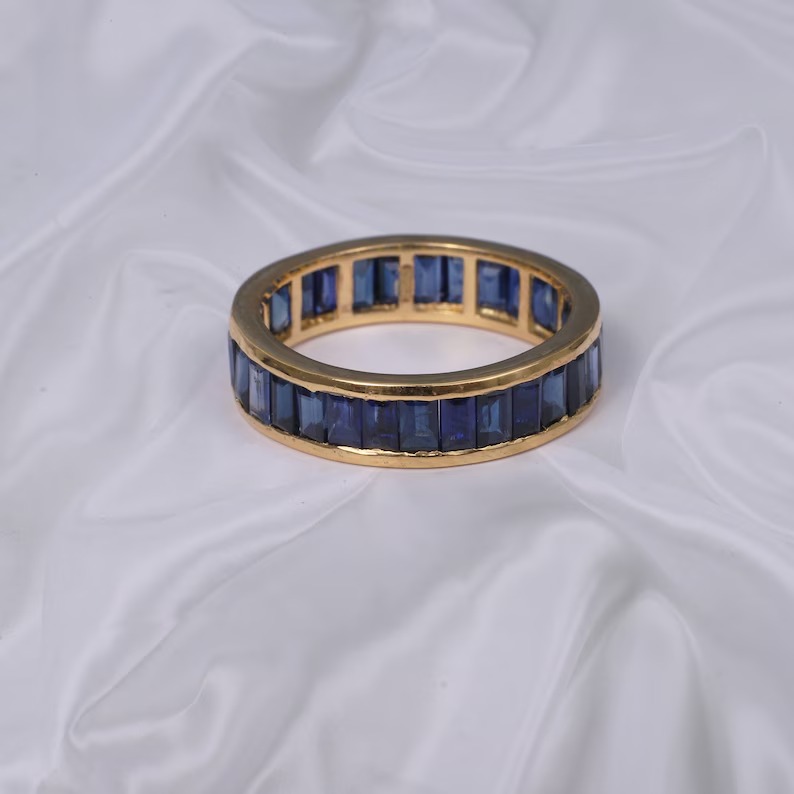 Full Eternity Stackable Band Lab Blue Sapphire Band CZ Solid 925 Sterling Silver Wedding Band, Eternity Band September Stone