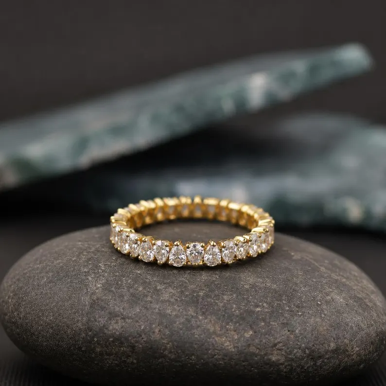 Pear Cut Moissanite Wedding Band, Vintage Full Eternity Stacking Gold Band, Minimalist Anniversary Band, Dainty Bridal Gold Vintage Jewelry