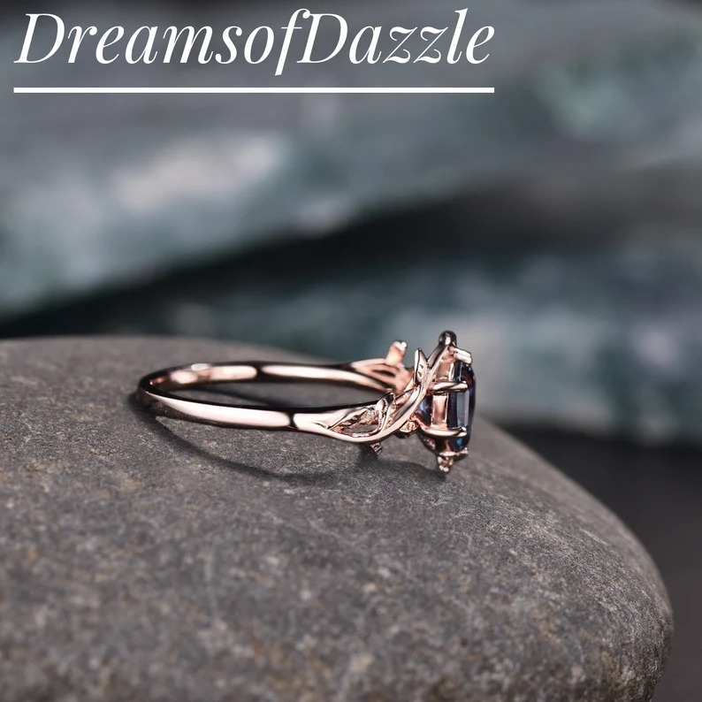 Vintage Alexandrite Engagement Ring: 1ct Round, Rose Gold Leaf, Moonstone Cluster