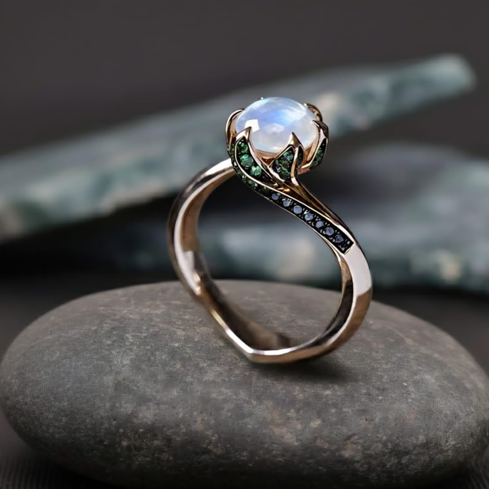 Natural Moonstone Ring, Round Cut Moonstone Engagement Ring with Green And Black Gemstone Accents, Unique Gold Ring, Nature Inspired Ring