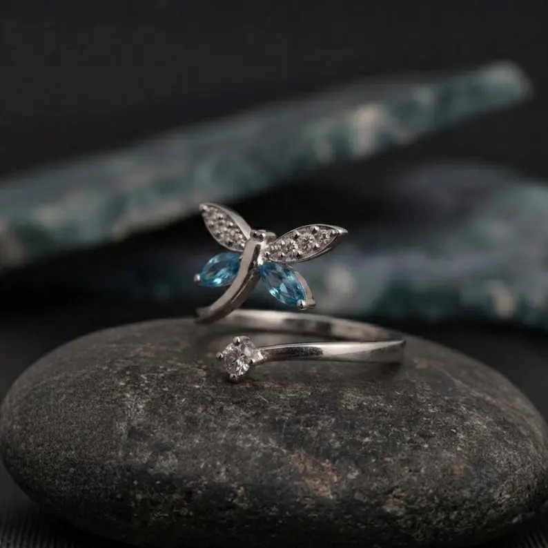 Dragonfly Adjustable Ring, Blue Marquise Stone Ring, Silver Dragonfly Ring, Nature Inspired Ring, Minimalist Adjustable Ring, Gift For Her