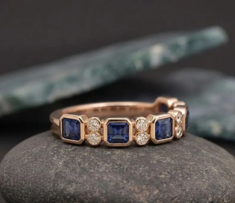 Princess Cut Sapphire Band, Moissanite Sapphire Ring, Dainty Blue Promise Ring, Half Eternity Stacking Matching Band, Bridal Ring for Women