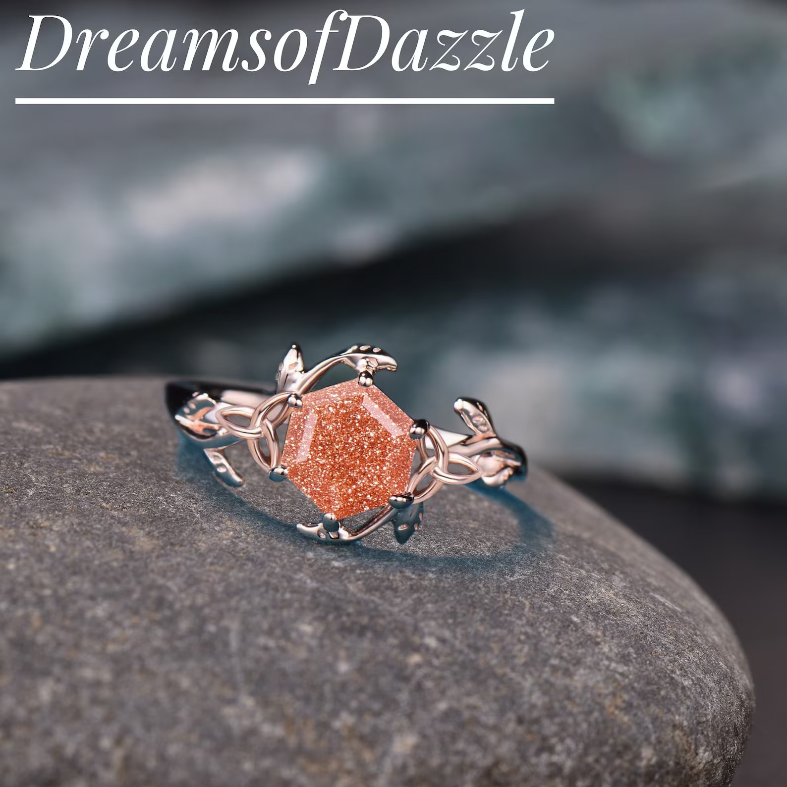 Hexagon Cut Natural Sunstone Engagement Ring, Solitaire Twig Sunstone Ring, Nature Inspired Branches Wedding Jewelry Gift For Her Girlfriend