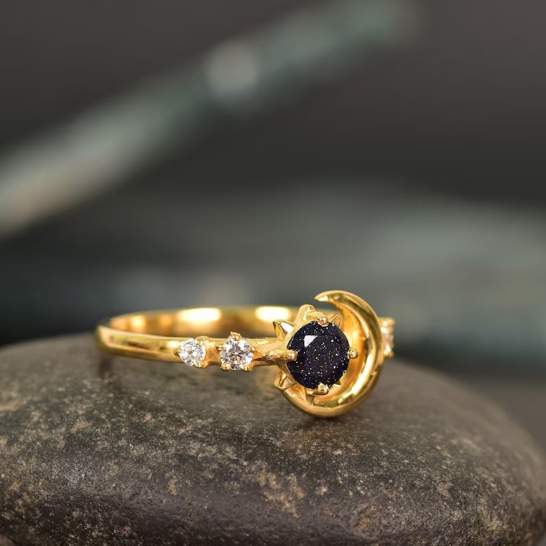 Nature Inspired Galaxy Blue Sandstone Engagement Ring, Moon Star Design Round Sandstone Ring, Starry Sky Goldstone Ring Promise Gift Ring