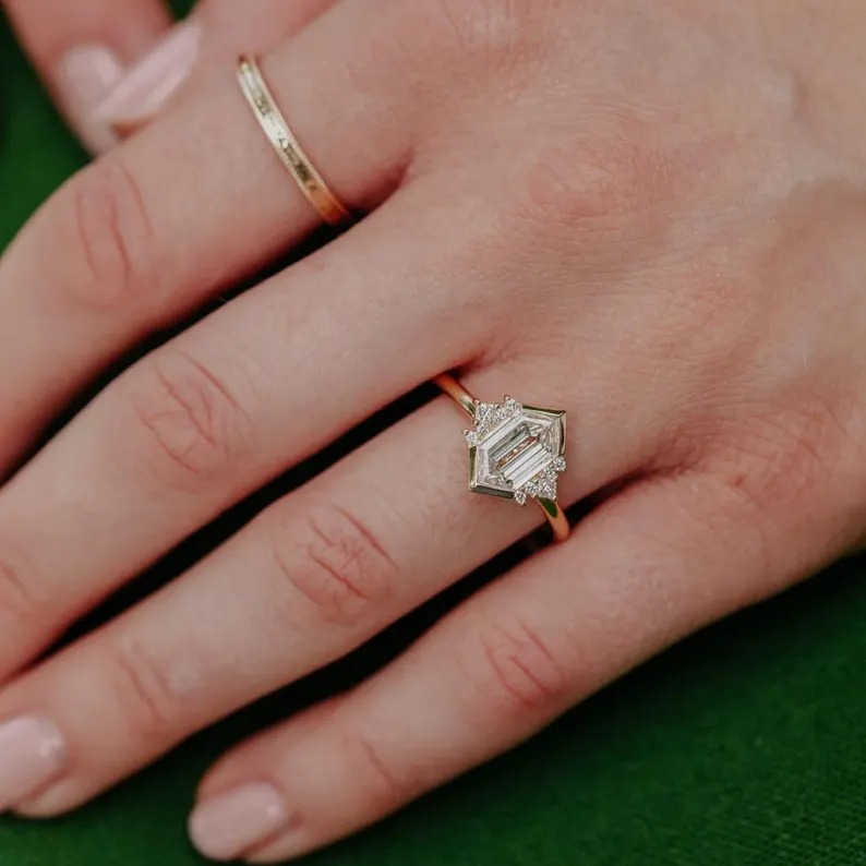 Elongated Hexagon Cut Moissanite Solitaire Ring, Dainty Wedding Bridal Ring, Comfort Fit Anniversary Ring, Promise Proposal Ring For Women