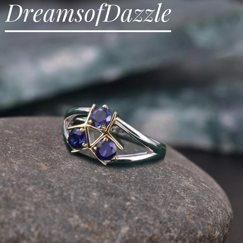 Triforce Zora's Sapphire Spiritual Stone Diamond Ring, 14K Gold Legend of Zelda Inspired Ring, Video Game Engagement Ring, 925 Sterling Ring