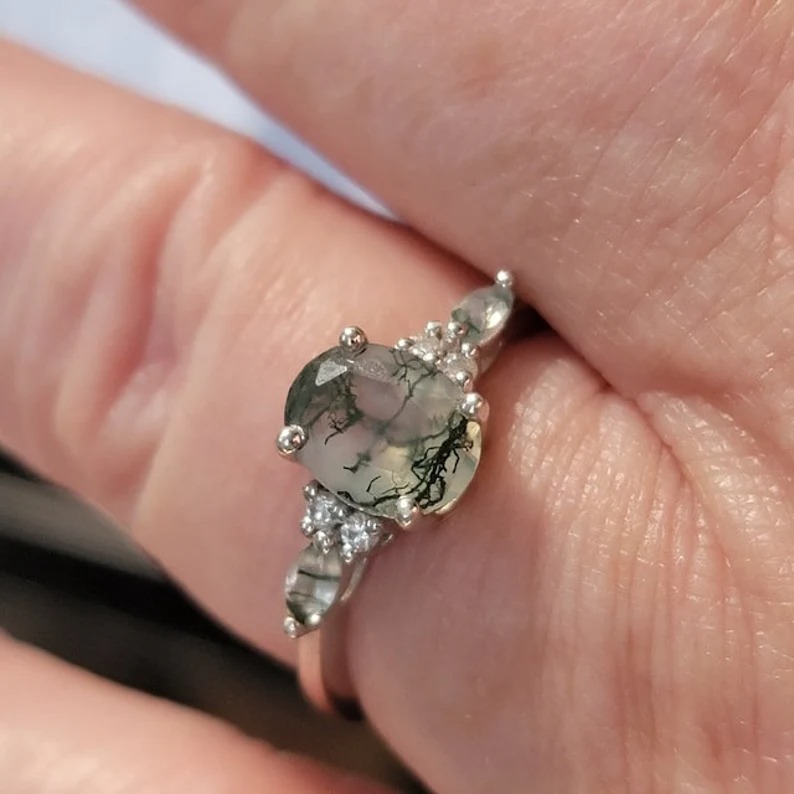 1.5ct Oval Cut Natural Moss Agate Engagement Rings Rose Gold Silver Cluster Aquatic Agate Promise Ring Marquise Moss Moissanite Wedding Ring