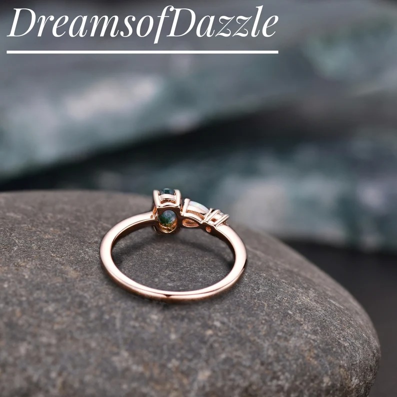 Unique Moss Agate Opal Engagement Ring,Pear Cut Gems,Art Deco Moissanite Wedding Band,3 Stone Unique Women Bridal Promise Ring,Customized