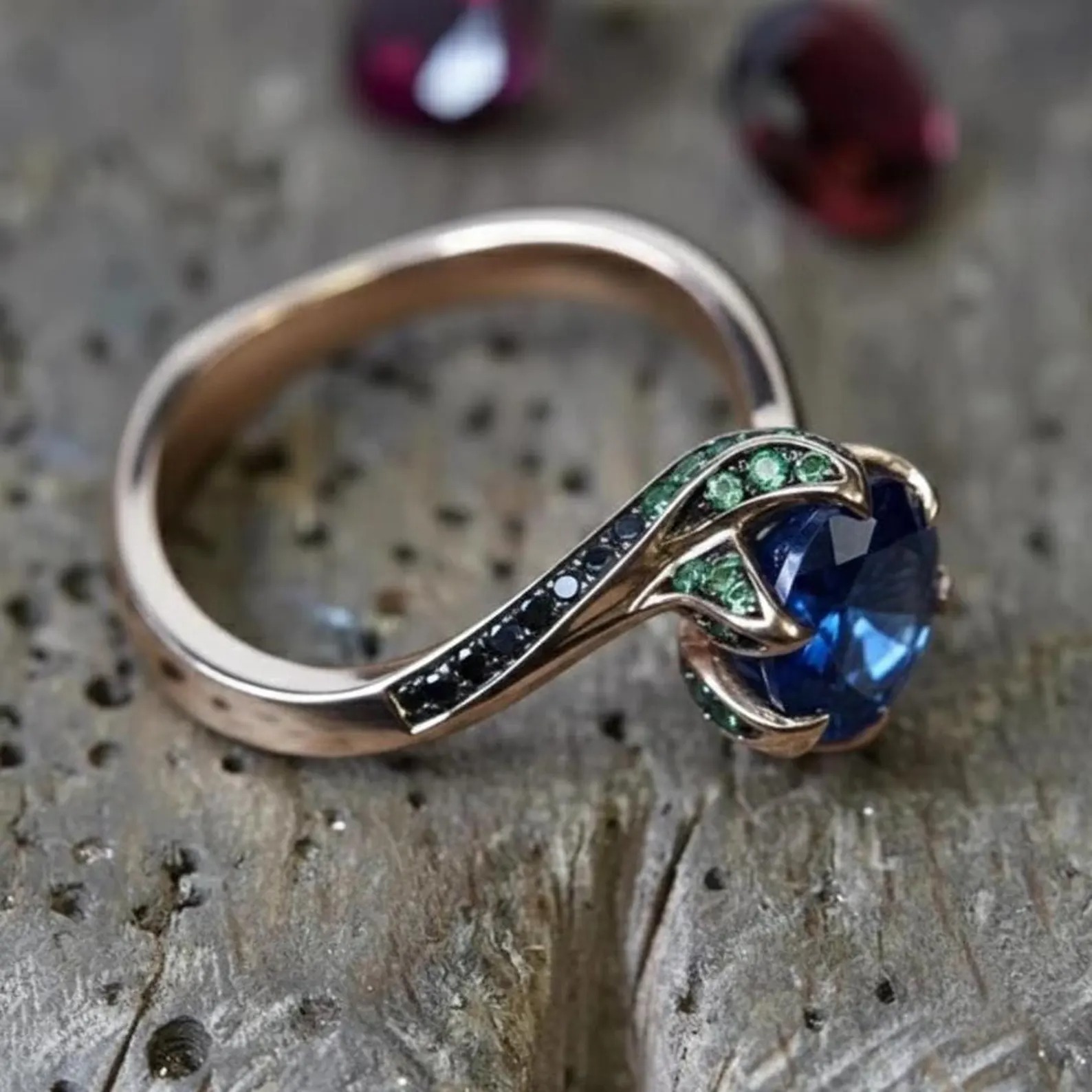 Blue Sapphire Engagement Ring, 14k Gold Round Cut Blue Gemstone Ring, Handmade Art Deco Green And Black Accents Ring, Anniversary Jewelry