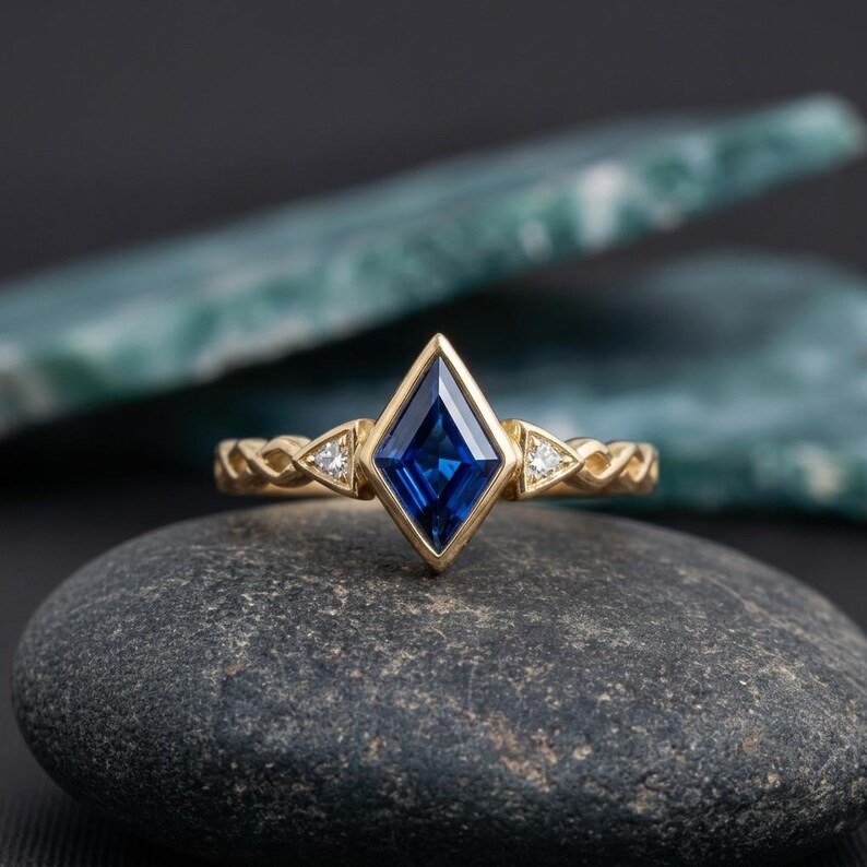 Unique Kite Cut Sapphire Ring, 14K Solid Rose Gold Engagement Ring, Vintage Side Accent Cluster Ring, Dainty Statement Jewelry Gift for Her