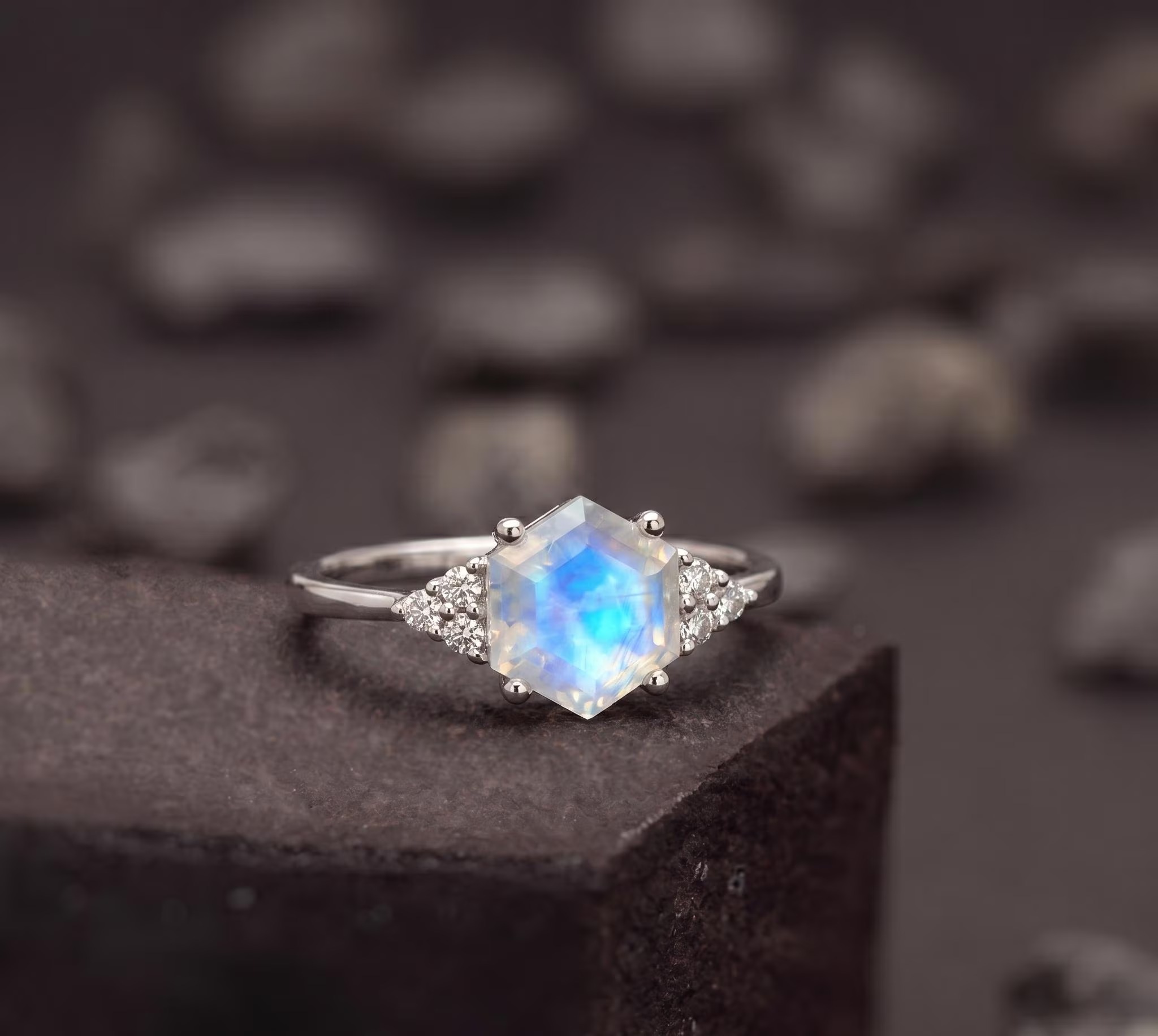 Hexagon Cut Rainbow Moonstone Ring, 925 Sterling Silver Ring, Diamond Cluster Ring, June Birthstone Ring, Vintage Style Ring, Gift for Her