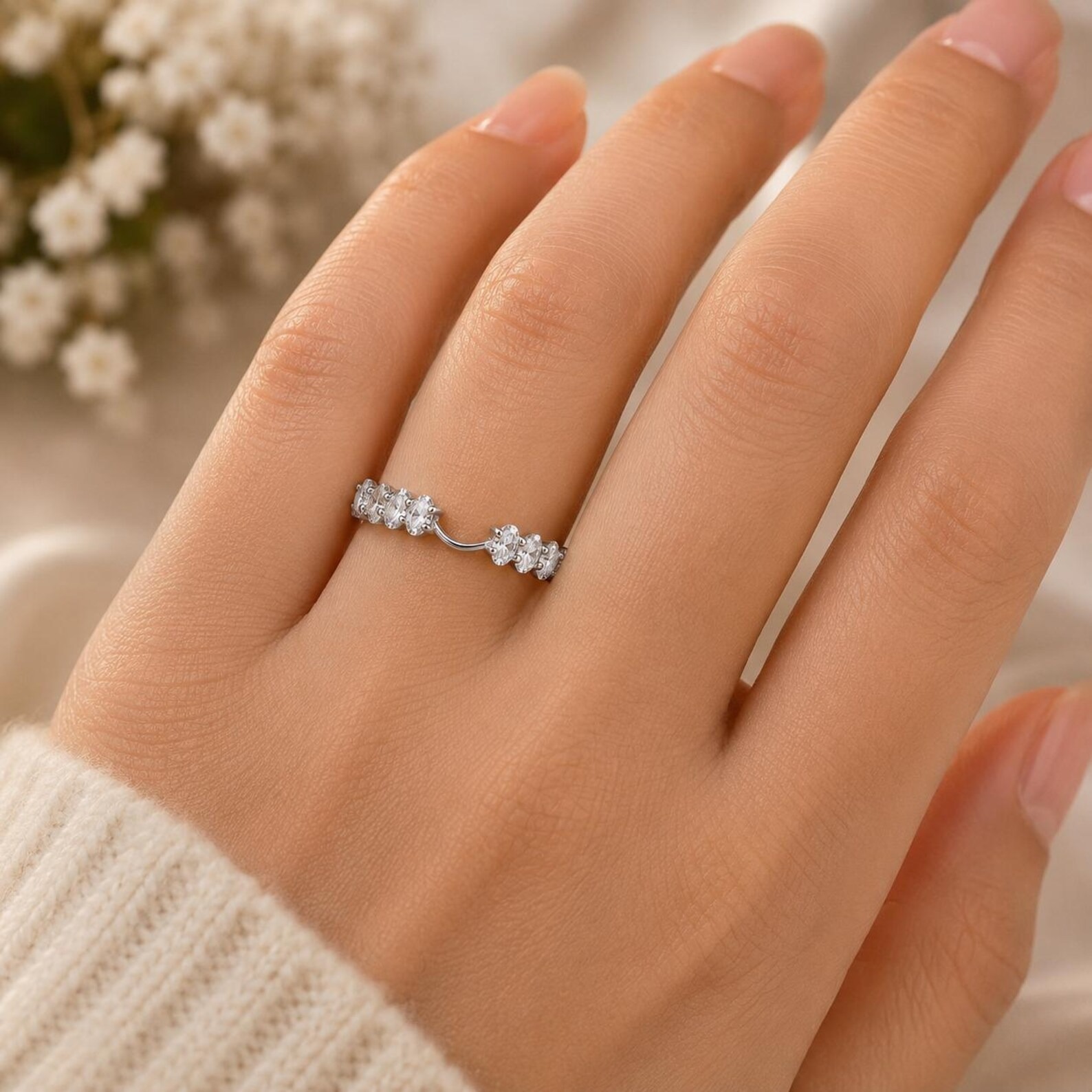 Oval Moissanite Notched Wedding Band, 14K Gold Half Eternity Stackable Ring, Matching Band for Engagement Ring, Anniversary Ring for Her