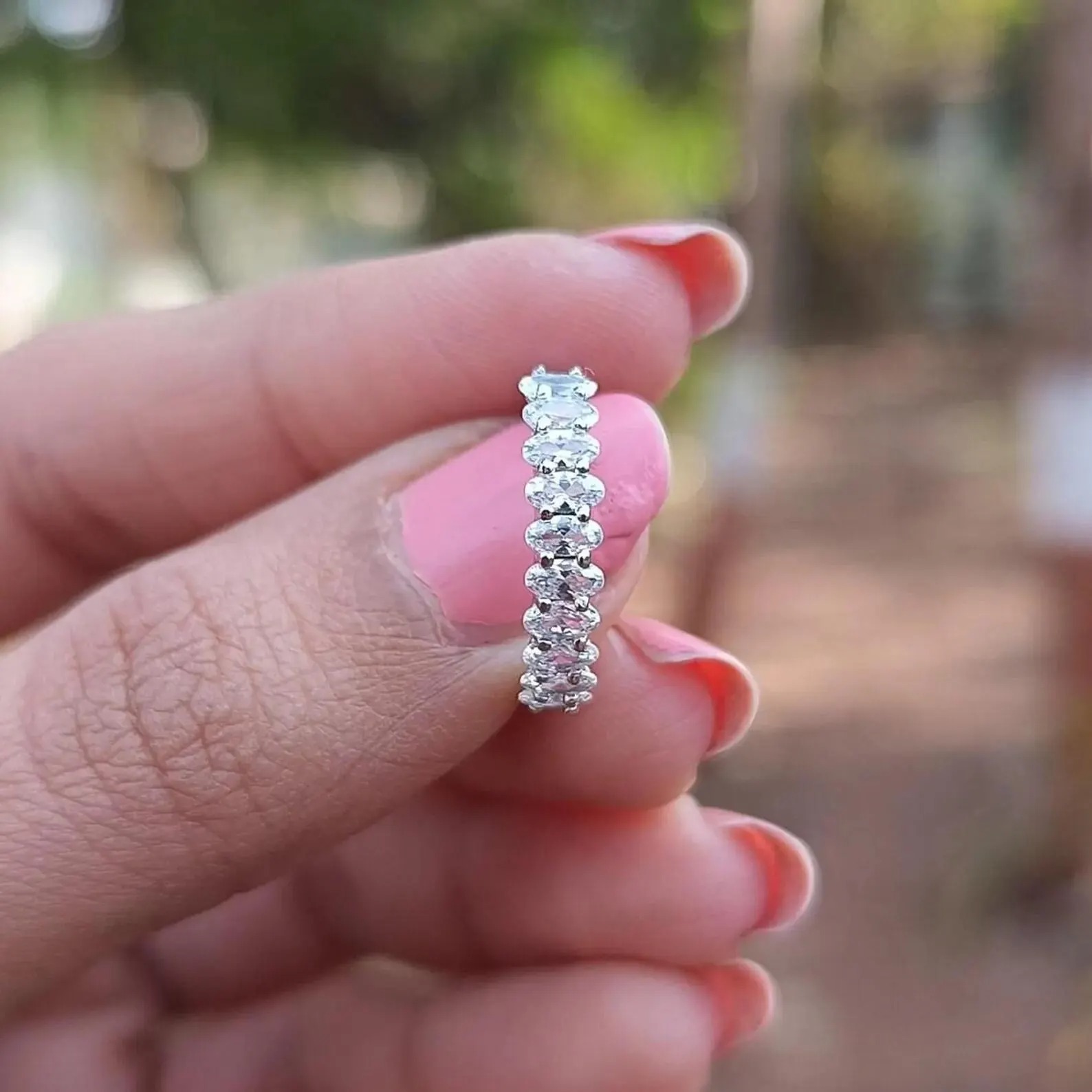 Moissanite Eternity Band, Silver Oval Cut Diamond Wedding Band ,Half Eternity Stacking Ring, Matching Anniversary Band, Promise Gift For Her