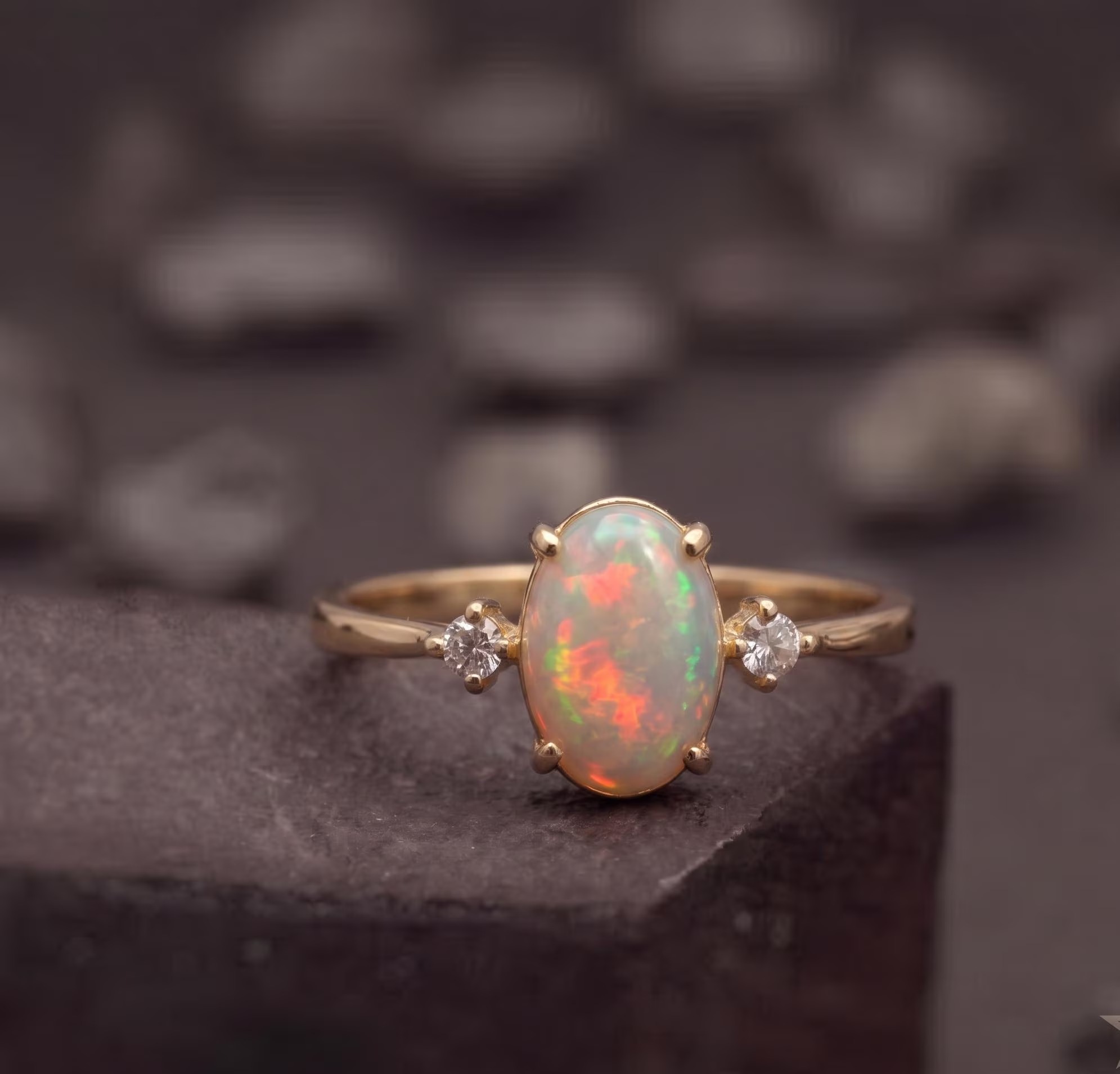 Oval Shape Fire Opal Engagement Ring, 14K Solid Gold, Vintage Style Three Stone Promise Ring, Luxury October Birthstone Ring, Gift for Her