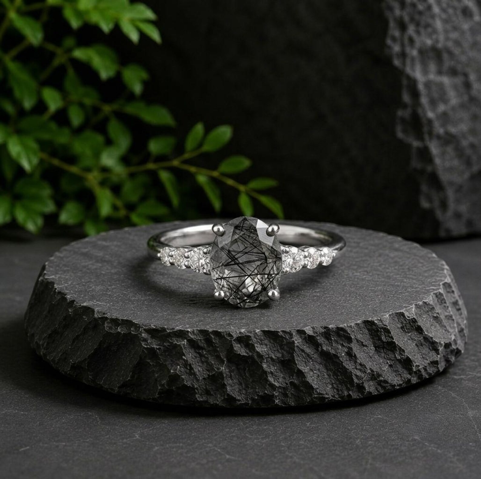 Oval Black Rutile Ring, 925 Sterling Silver, Natural Rutilated Quartz Jewelry, Gothic Engagement Ring, Dainty Black Stone Ring, Gift for Her