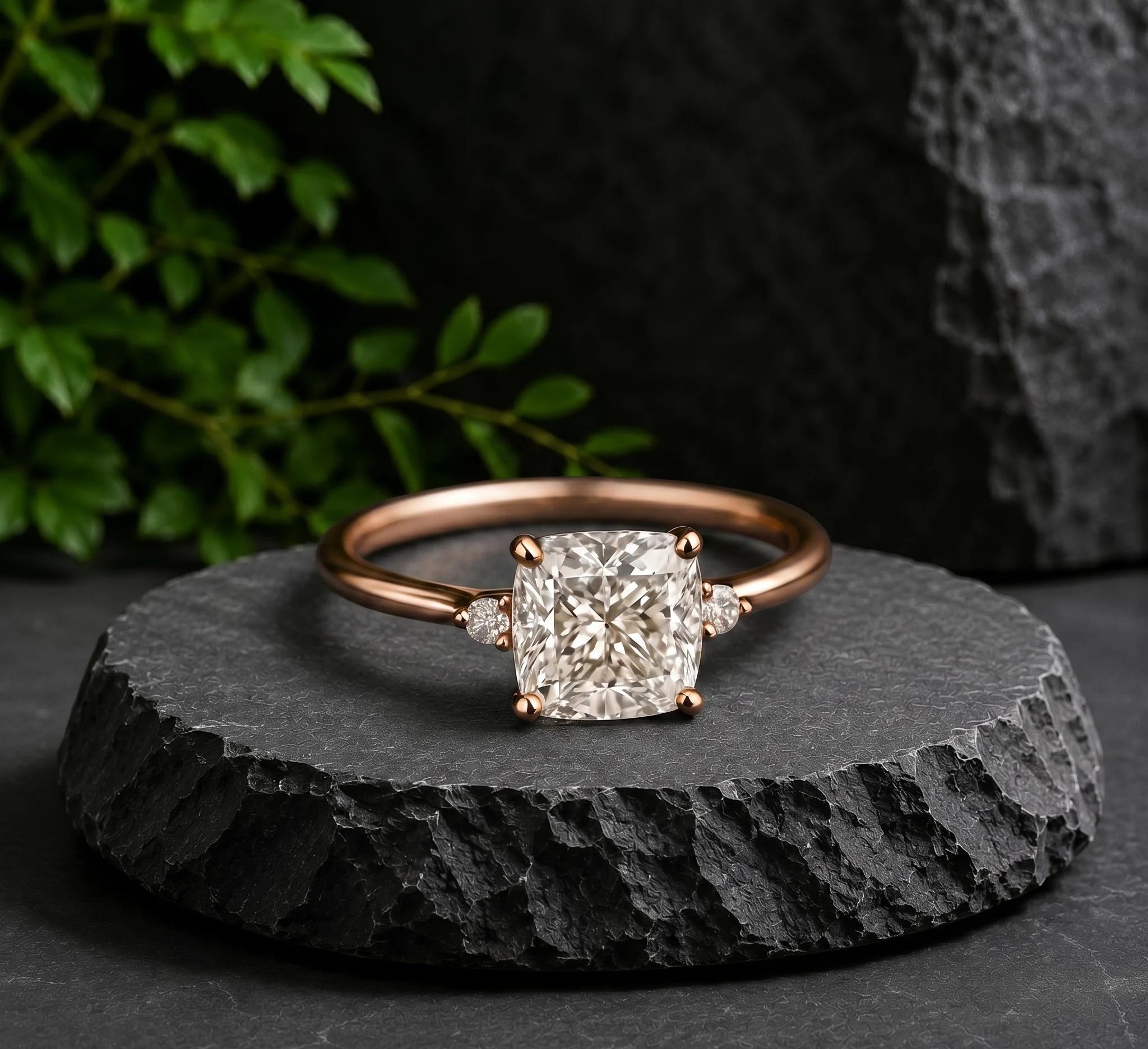 18K Solid Gold Solitaire Cushion Cut Moissanite Engagement Ring, Vintage Diamond Cluster Wedding Proposal Ring, Anniversary Gift for Wife