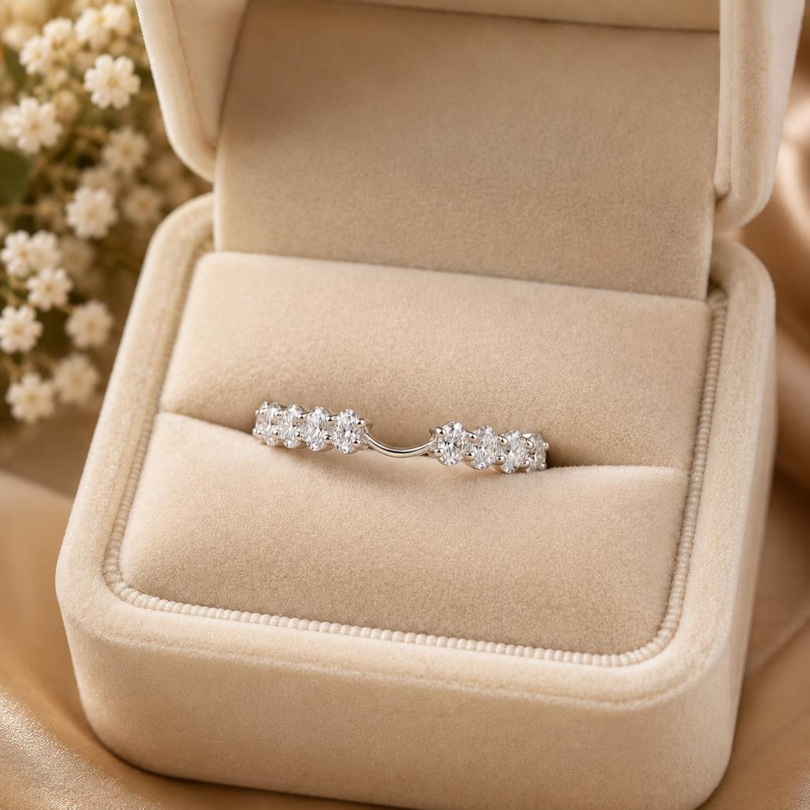 Oval Moissanite Notched Wedding Band, 14K Gold Half Eternity Stackable Ring, Matching Band for Engagement Ring, Anniversary Ring for Her