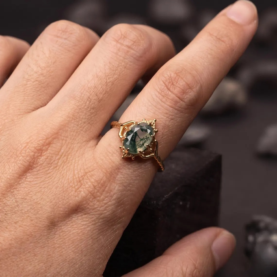 Natural Oval Shaped Moss Agate Engagement Ring 14K Solid Rose Gold Promise Ring Nature Inspired Anniversary Jewelry Gift for Women