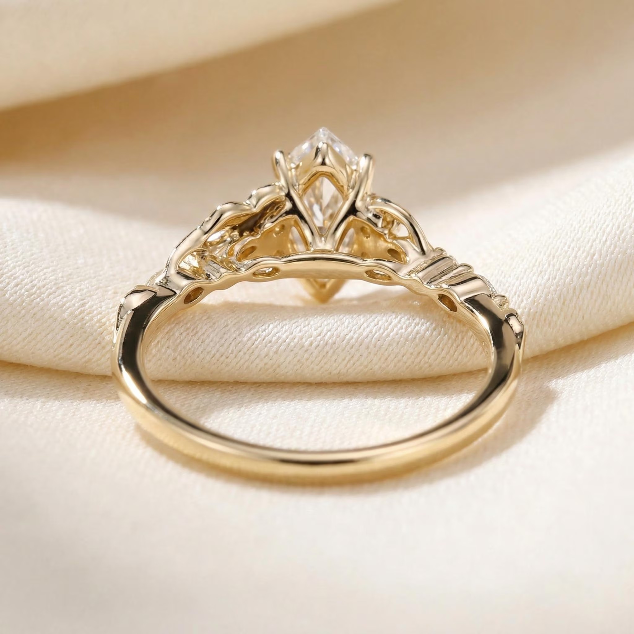 Vintage Inspired Marquise Moissanite Ring | Gold Floral Wedding Band | Unique Nature Engagement & Promise Ring