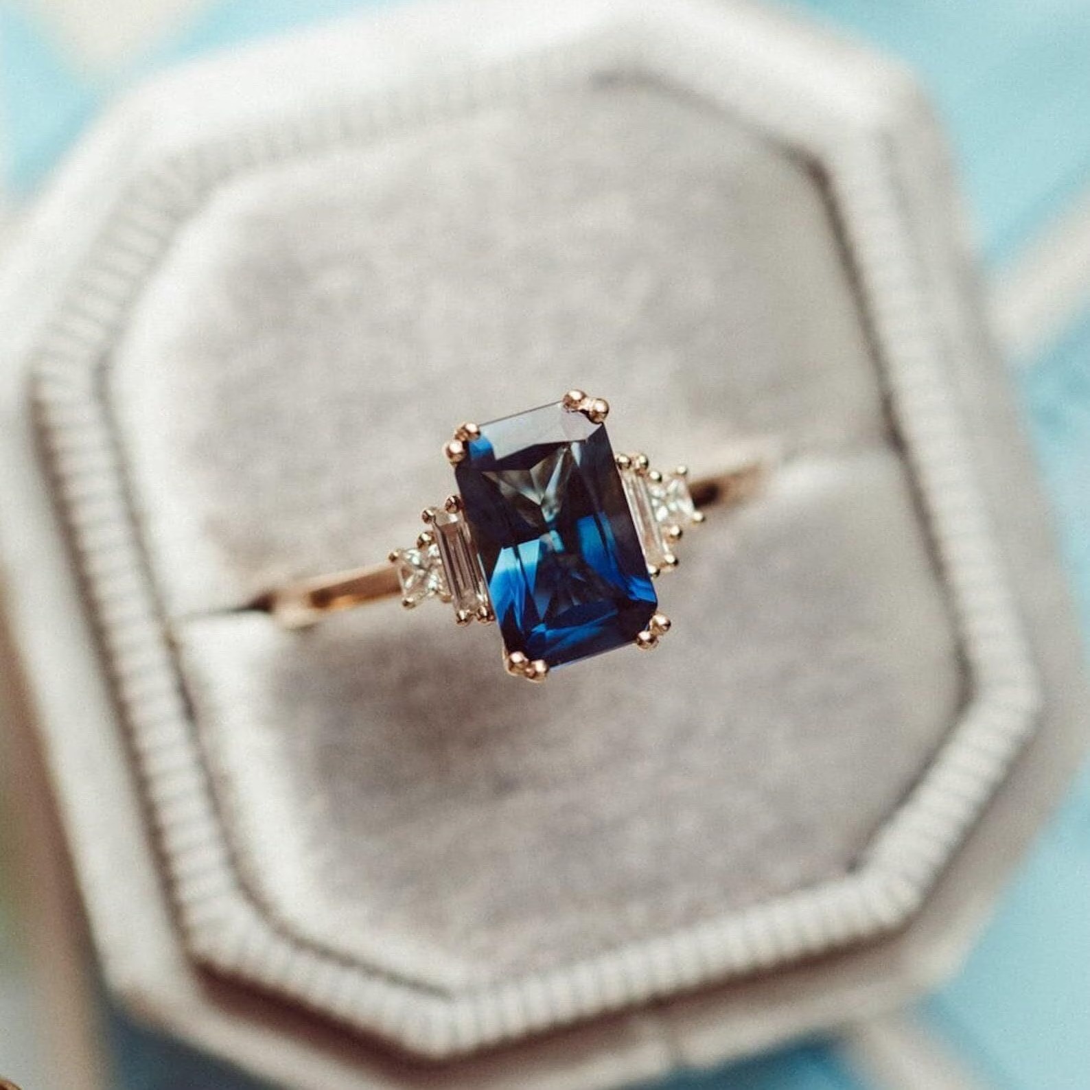 Lab Sapphire Engagement Ring 4ct Emerald Cut Vintage Rose Gold Engagement Ring Cluster Ring Moissanite Bridal Ring Promise Ring Anniversary