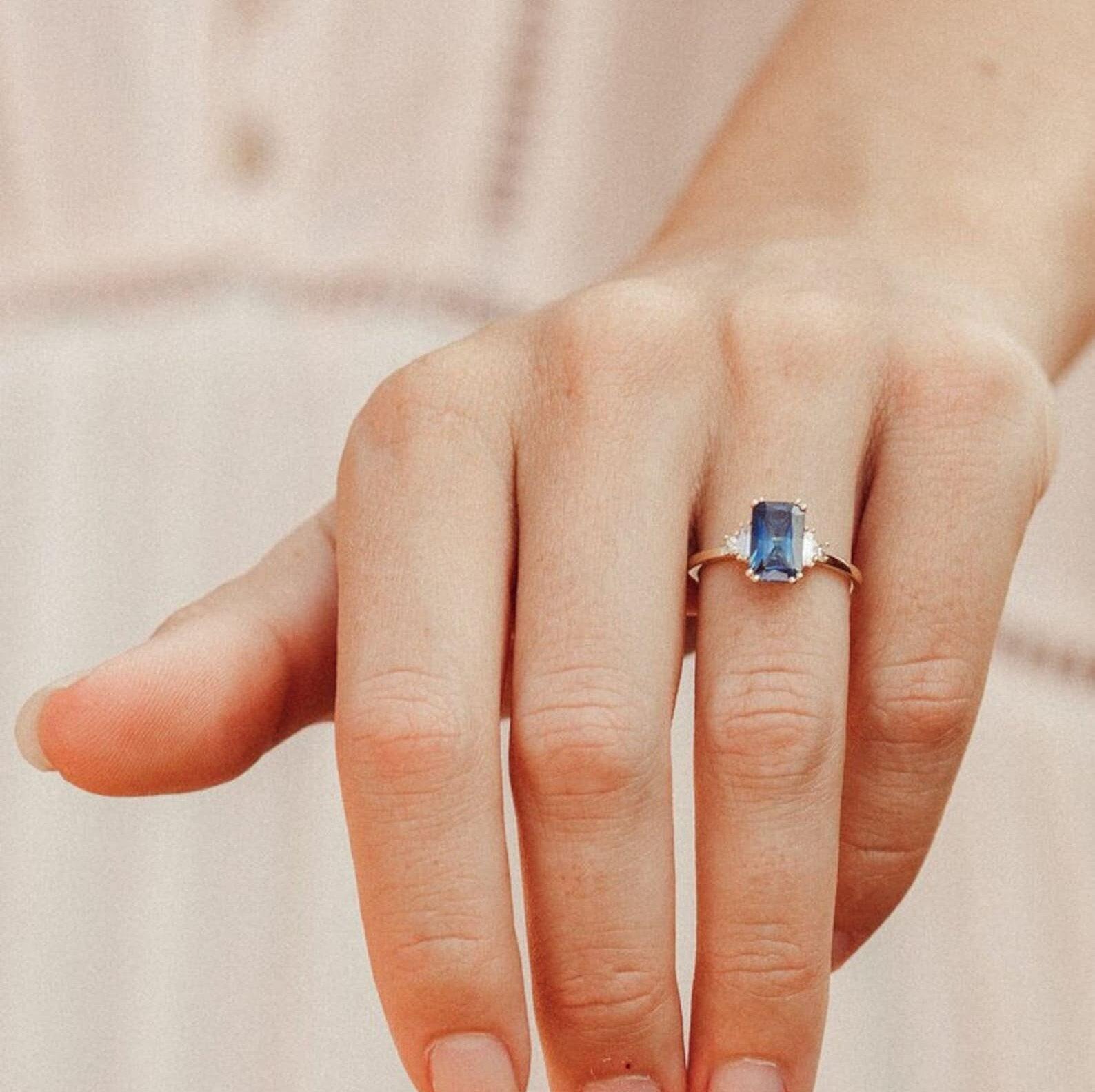 Lab Sapphire Engagement Ring 4ct Emerald Cut Vintage Rose Gold Engagement Ring Cluster Ring Moissanite Bridal Ring Promise Ring Anniversary