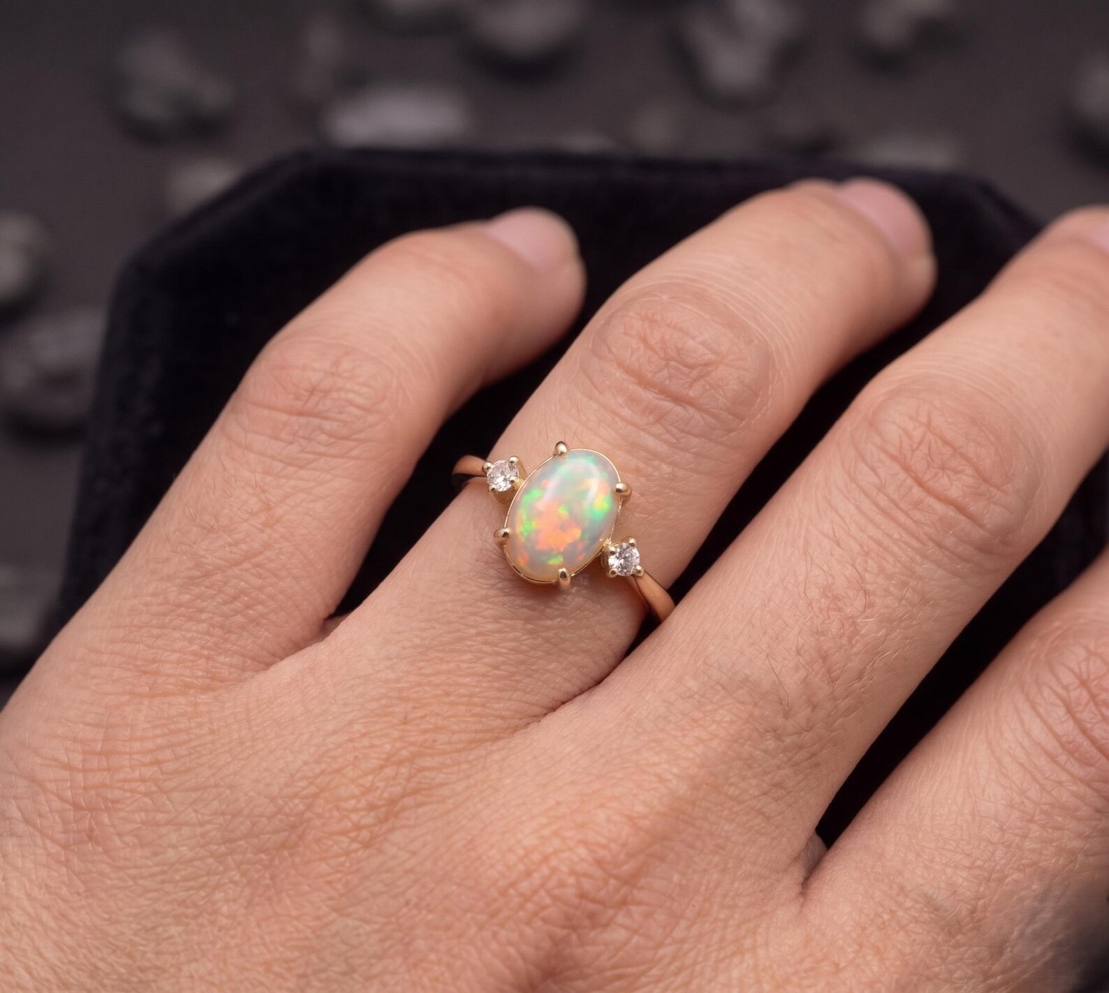 Oval Shape Fire Opal Engagement Ring, 14K Solid Gold, Vintage Style Three Stone Promise Ring, Luxury October Birthstone Ring, Gift for Her