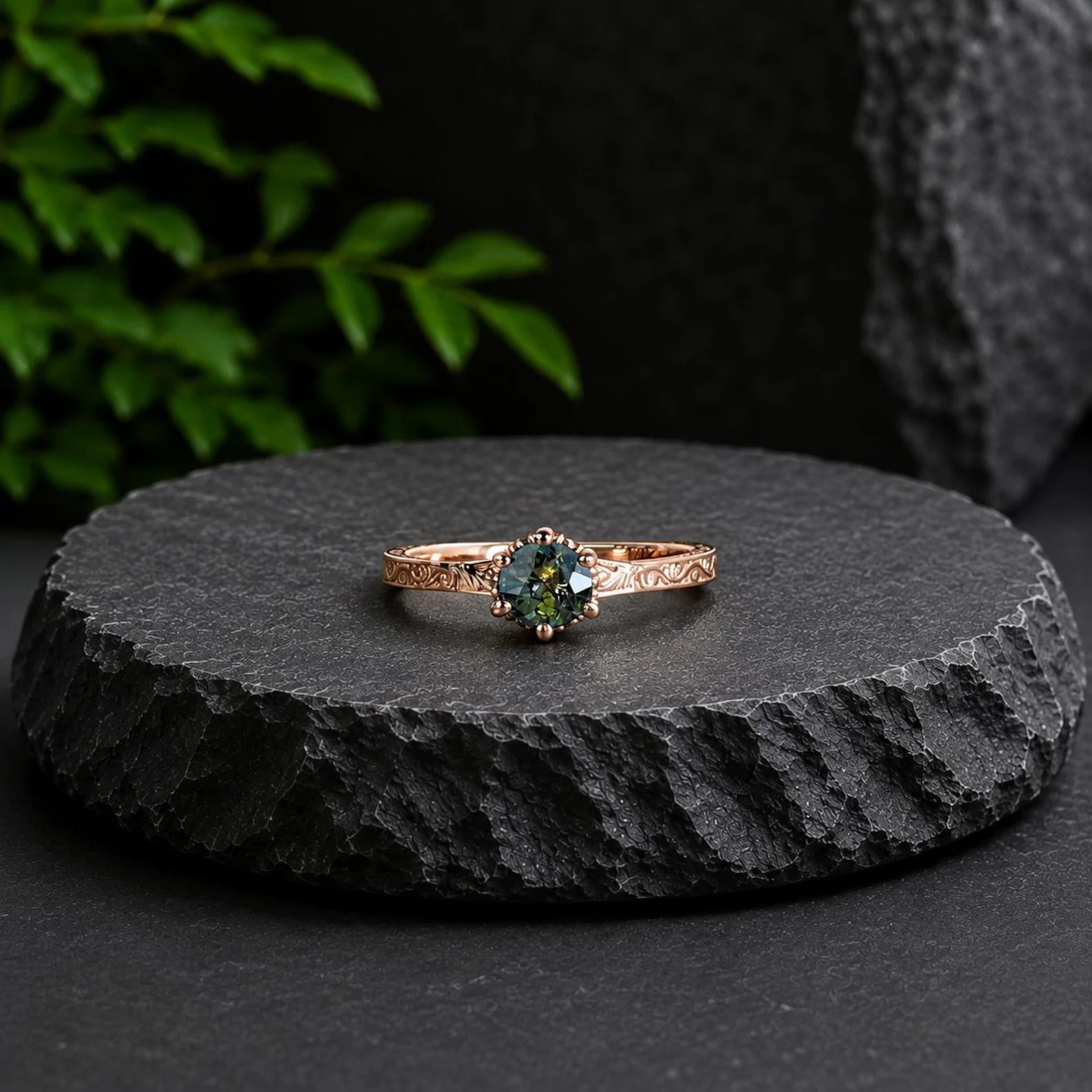 Vintage Engagement Ring Peacock Sapphire Engagement Ring Art Deco Hidden Halo Ring Prong Set Anniversary Unique Ring Hand Carved Filigree