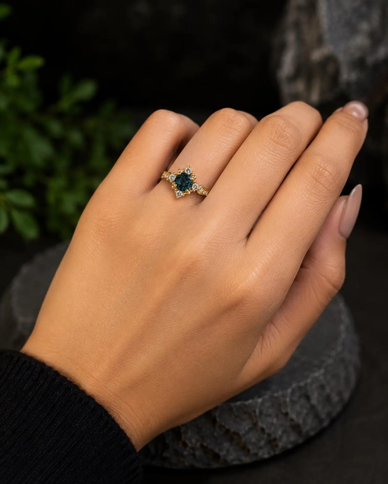 Round London Blue Topaz Ring Vintage Gold Plated Floral Promise Ring Art Deco November Birthstone Ring CZ Promise Anniversary Gift for Women