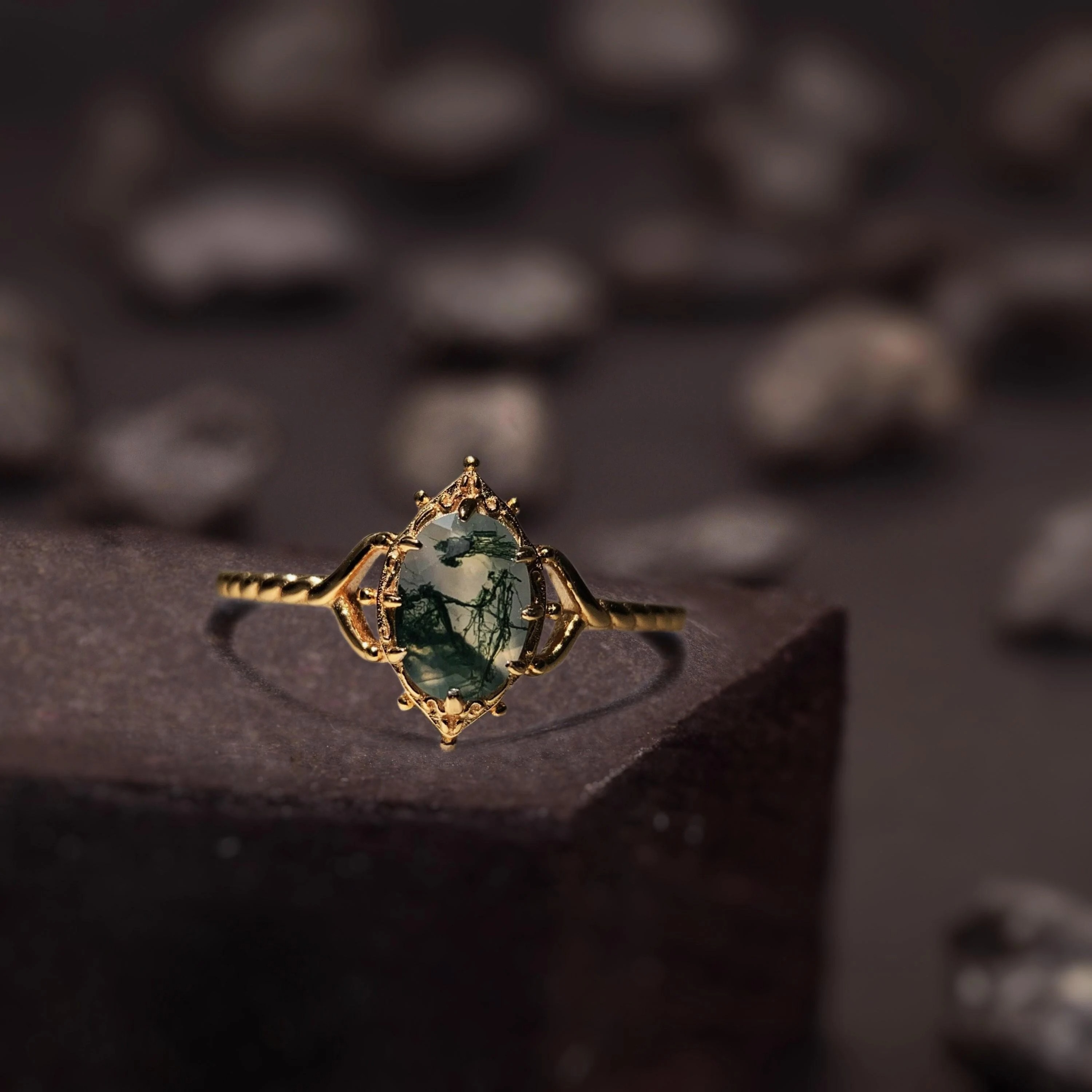 Natural Oval Shaped Moss Agate Engagement Ring 14K Solid Rose Gold Promise Ring Nature Inspired Anniversary Jewelry Gift for Women